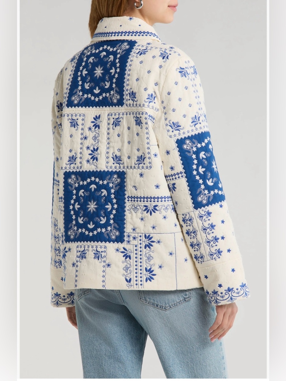 Sezane Smith In Blue Ecru Bandana Embroidered Quilted Floral Jacket Size 40 - Picture 3 of 11